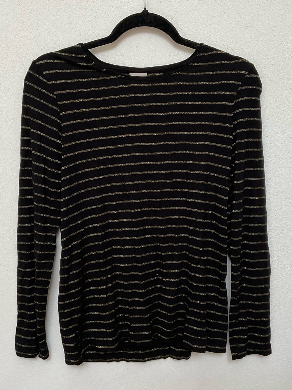 Chico's Black, Metallic Gold Thin Striped Long Sleeve Shirt Size 0 US Small/4
